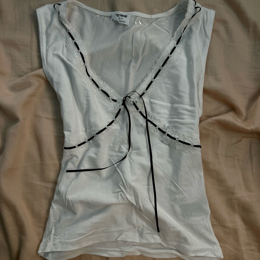 Cotton On White Lace-Trim Tank with Black Ribbon Detail